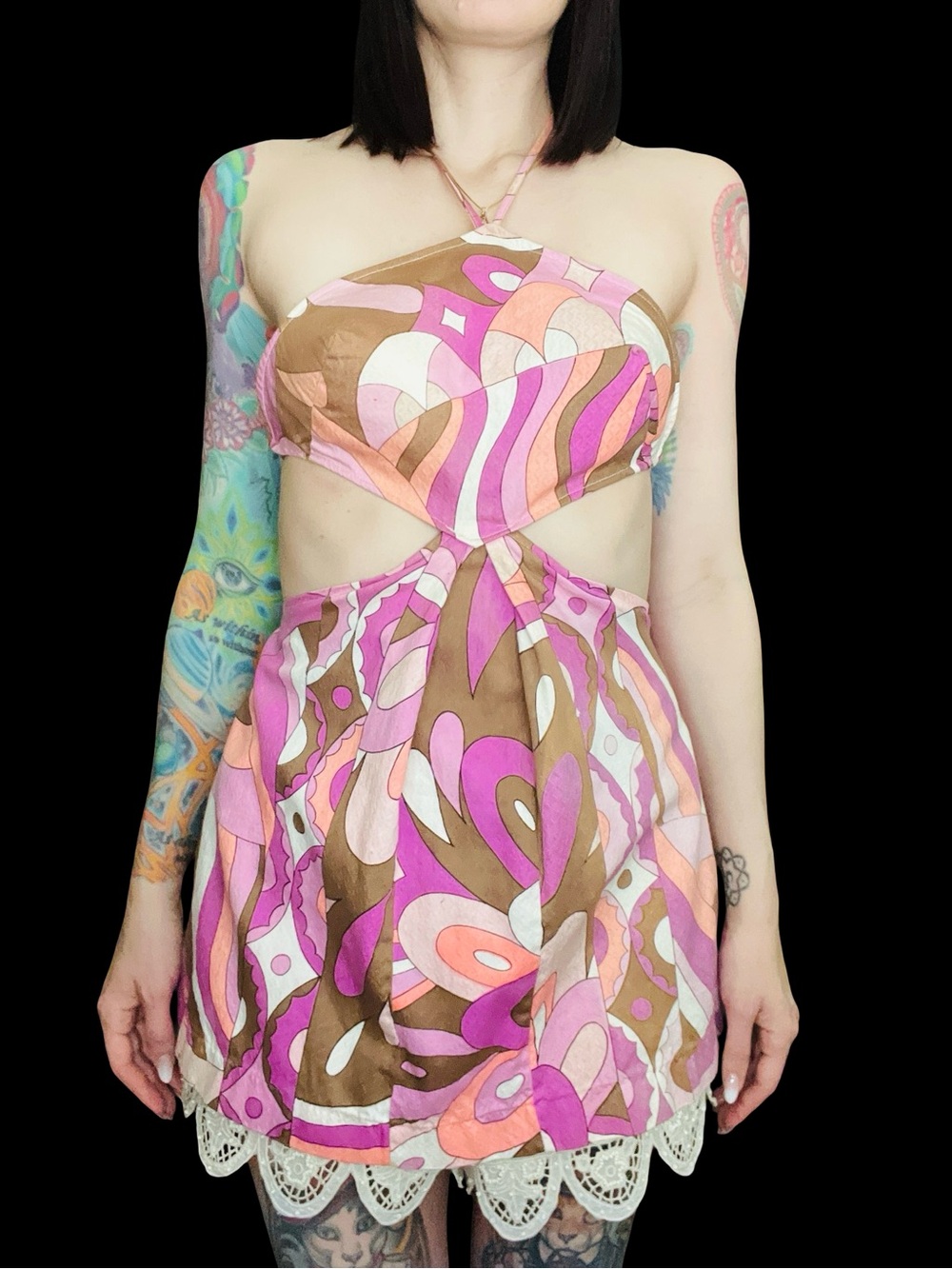 Vintage 1960's Psychedelic Cotton Candy Geometric Cut Out Mini Dress - Picture 2 of 7